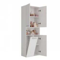 Armadio bagno salvaspazio 60x174 cm con cesto portabiancheria bianco lucido ABT2