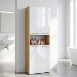 Armadio bagno salvaspazio 60x174 cm con cesto portabiancheria bianco lucido e rovere ABT2