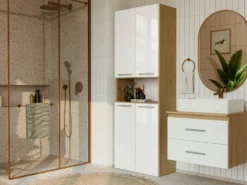 Armadio bagno salvaspazio 60x174 cm con cesto portabiancheria bianco lucido e rovere ABT2