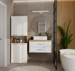 Armadio bagno salvaspazio 60x174 cm con cesto portabiancheria bianco lucido e rovere ABT2