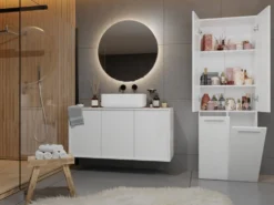 Armadio bagno salvaspazio 60x174 cm con 2 cesti portabiancheria bianco opaco ABT3