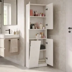 Armadio bagno salvaspazio 60x174 cm con cesto portabiancheria beige cashmere ABT2