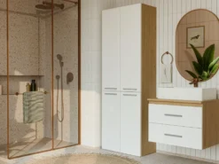Armadio bagno salvaspazio 60x174 cm con 2 cesti portabiancheria bianco e rovere ABT3