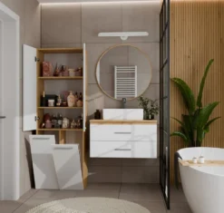 Armadio bagno salvaspazio 60x174 cm con 2 cesti portabiancheria bianco e rovere ABT3