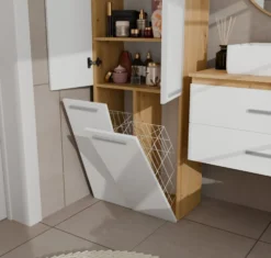 Armadio bagno salvaspazio 60x174 cm con 2 cesti portabiancheria bianco e rovere ABT3
