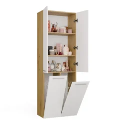 Armadio bagno salvaspazio 60x174 cm con 2 cesti portabiancheria bianco e rovere ABT3