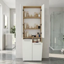Armadio bagno salvaspazio 60x174 cm con 2 cesti portabiancheria bianco e rovere ABT3