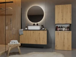 Armadio bagno salvaspazio 60x174 cm con cesto portabiancheria rovere e antracite ABT2