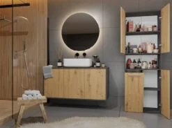 Armadio bagno salvaspazio 60x174 cm con cesto portabiancheria rovere e antracite ABT2
