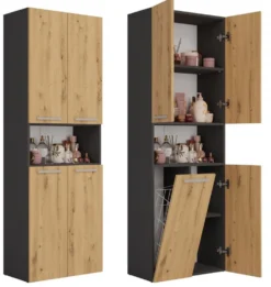 Armadio bagno salvaspazio 60x174 cm con cesto portabiancheria rovere e antracite ABT2