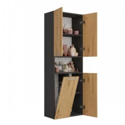 Armadio bagno salvaspazio 60x174 cm con cesto portabiancheria rovere e antracite ABT2