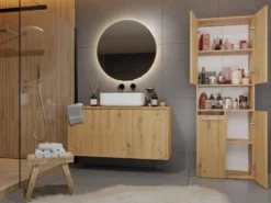 Armadio bagno salvaspazio 60x174 cm con cesto portabiancheria rovere ABT2