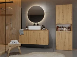 Armadio bagno salvaspazio 60x174 cm con cesto portabiancheria rovere ABT2