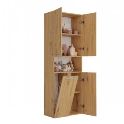 Armadio bagno salvaspazio 60x174 cm con cesto portabiancheria rovere ABT2