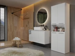 Armadio bagno salvaspazio 60x174 cm con cesto portabiancheria bianco opaco ABT2