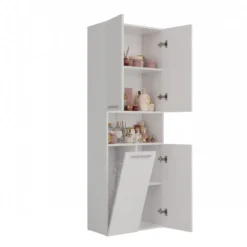 Armadio bagno salvaspazio 60x174 cm con cesto portabiancheria bianco opaco ABT2