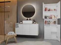 Armadio bagno salvaspazio 60x174 cm con cesto portabiancheria bianco opaco ABT2