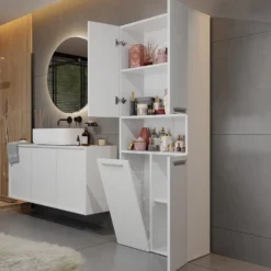 Armadio bagno salvaspazio 60x174 cm con cesto portabiancheria bianco opaco ABT2