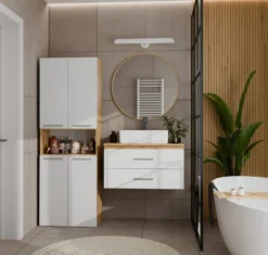 Armadio bagno salvaspazio 60x174 cm con cesto portabiancheria bianco e rovere ABT2