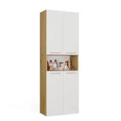 Armadio bagno salvaspazio 60x174 cm con cesto portabiancheria bianco e rovere ABT2