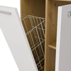 Armadio bagno salvaspazio 60x174 cm con cesto portabiancheria bianco e rovere ABT2