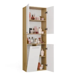 Armadio bagno salvaspazio 60x174 cm con cesto portabiancheria bianco e rovere ABT2
