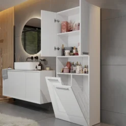 Armadio bagno 60x174 cm con vano aperto e cesti portabiancheria bianco lucido ABT4