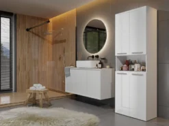 Armadio bagno 60x174 cm con vano aperto e cesti portabiancheria bianco lucido ABT4