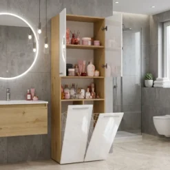 Armadio bagno 60x174 cm con vano aperto e cesti portabiancheria bianco lucido e rovere ABT4
