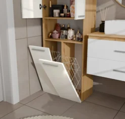 Armadio bagno 60x174 cm con vano aperto e cesti portabiancheria bianco lucido e rovere ABT4