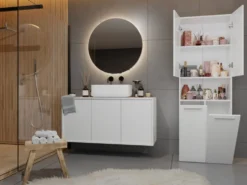 Armadio bagno 60x174 cm con vano aperto e cesti portabiancheria bianco opaco ABT4