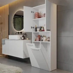 Armadio bagno 60x174 cm con vano aperto e cesti portabiancheria bianco opaco ABT4
