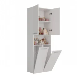 Armadio bagno 60x174 cm con vano aperto e cesti portabiancheria bianco opaco ABT4