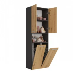 Armadio bagno 60x174 cm con vano aperto e cesti portabiancheria rovere e antracite ABT4
