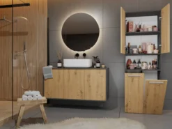Armadio bagno 60x174 cm con vano aperto e cesti portabiancheria rovere e antracite ABT4