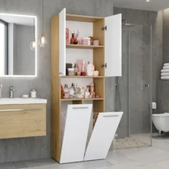 Armadio bagno 60x174 cm con vano aperto e cesti portabiancheria bianco e rovere ABT4