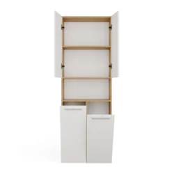 Armadio bagno 60x174 cm con vano aperto e cesti portabiancheria bianco e rovere ABT4