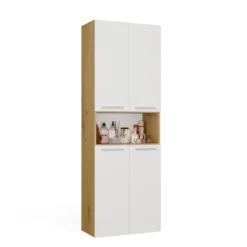 Armadio bagno 60x174 cm con vano aperto e cesti portabiancheria bianco e rovere ABT4