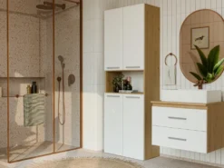 Armadio bagno 60x174 cm con vano aperto e cesti portabiancheria bianco e rovere ABT4
