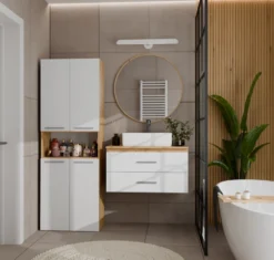 Armadio bagno 60x174 cm con vano aperto e cesti portabiancheria bianco e rovere ABT4