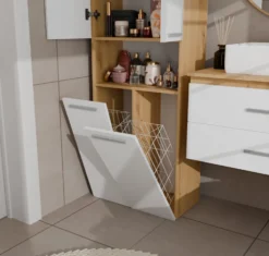 Armadio bagno 60x174 cm con vano aperto e cesti portabiancheria bianco e rovere ABT4