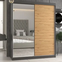 Armadio due ante scorrevoli 160x200 cm con specchio rovere e antracite AT23