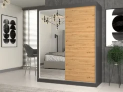 Armadio due ante scorrevoli 160x200 cm con specchio rovere e antracite AT23