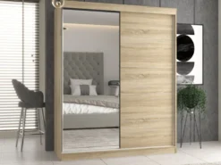 Armadio due ante scorrevoli 160x200 cm con specchio rovere chiaro AT23