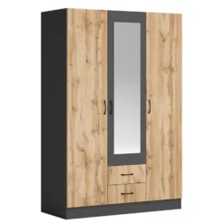 Armadio moderno a tre ante battenti e cassetti con specchio rovere e antracite 120x181 AG52
