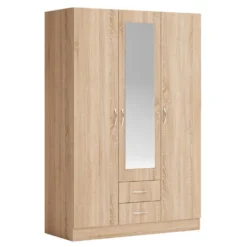 Armadio moderno a tre ante battenti e cassetti con specchio rovere sonoma 120x181 AG52