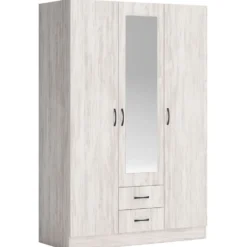 Armadio moderno a tre ante battenti e cassetti con specchio bianco legno 120x181 AG52
