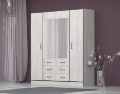 Armadio moderno con specchio e 2 cassetti 180x200 cm bianco effetto legno AG53