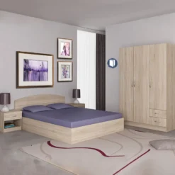 Camera da letto completa con letto a francese 140x190 design effetto legno sonoma CMG40