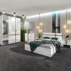 Camera da letto completa con letto contenitore 140x200 cm bianco lucido e noce CDLU39